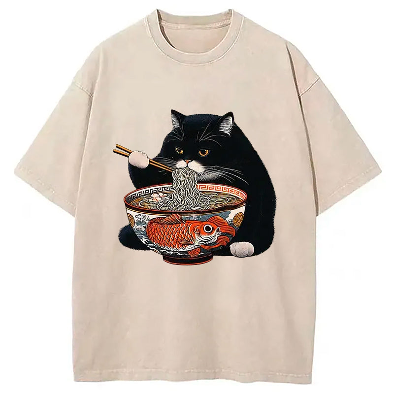 bbb Fat Cat Eating Ramen Washed T-Shirt