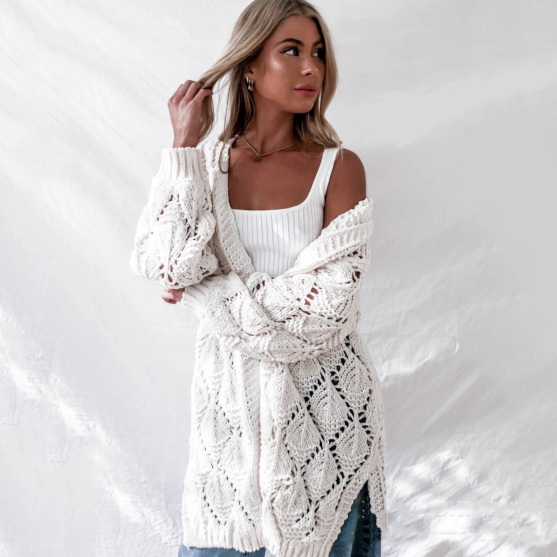 Soft Womens Long Cardigan - Hollow Knit, Chenille, Summer