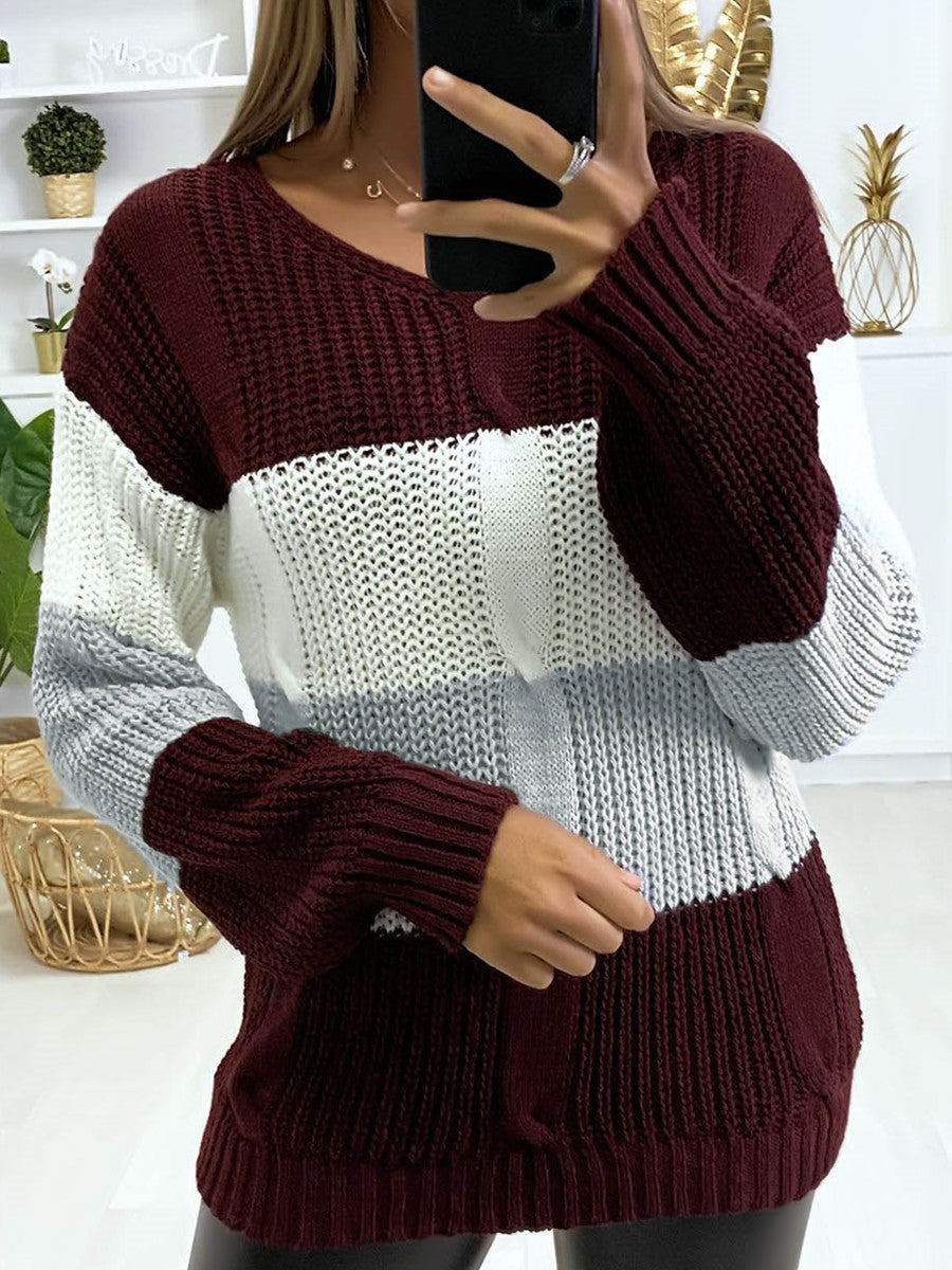 Weicher, schmeichelhafter Damenpullover mit V-Ausschnitt – Colorblock-Strick