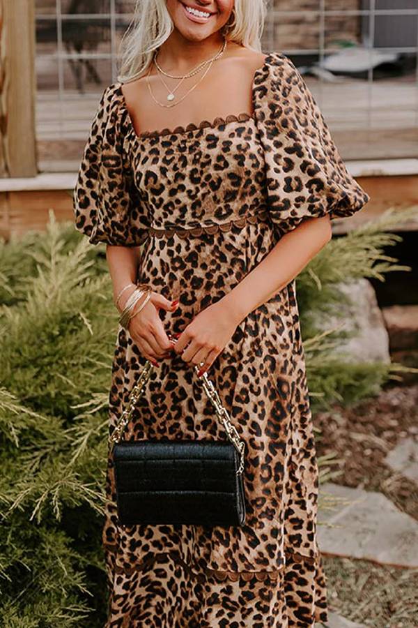 Leopard Print Maxi Dress with Puff Sleeves, Gathered Design, Long Dress for Women, Casual Chic Style