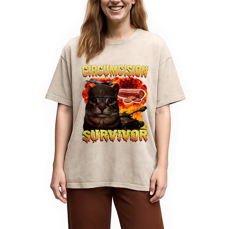 bbb Circumcision Survivor Funny Cat Meme Washed T-Shirt