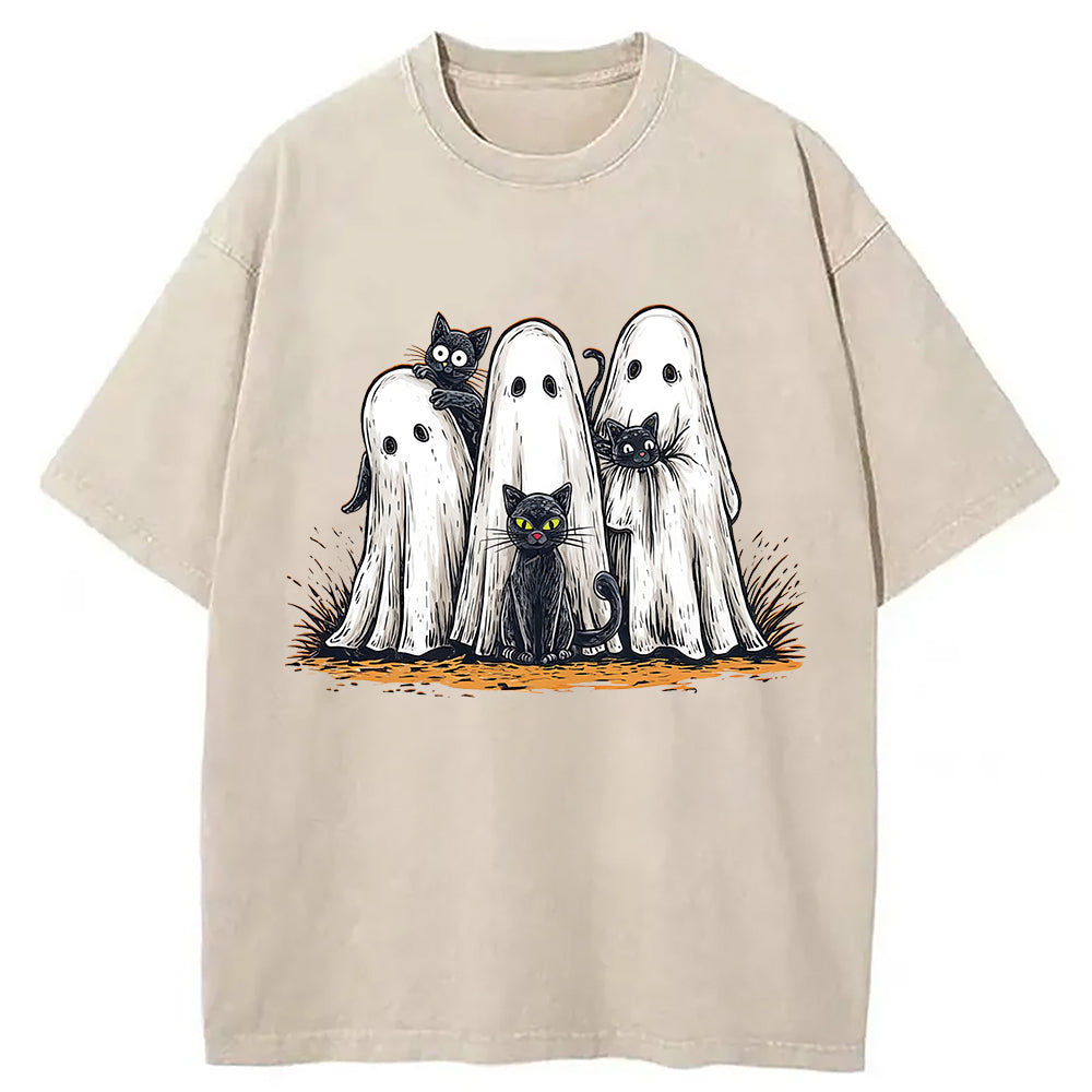 bbb Black Cat Ghost Halloween Washed T-Shirt