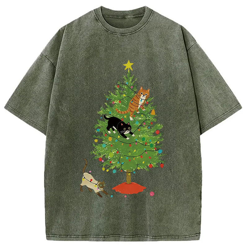 bbb Cats Playing On The Christmas Tree Washed T-Shirt