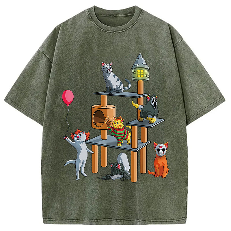 bbb Funny Cat Horror Movies Cute Halloween Washed T-Shirt
