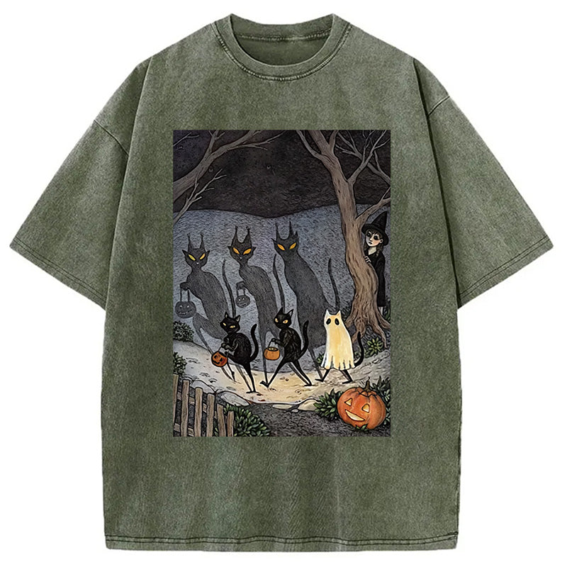 bbb Black Cat Ghost Halloween Washed T-Shirt