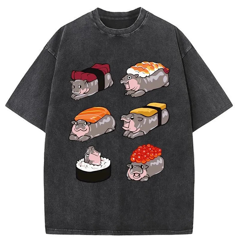 bbb Cute Hippo Sushi Washed T-Shirt