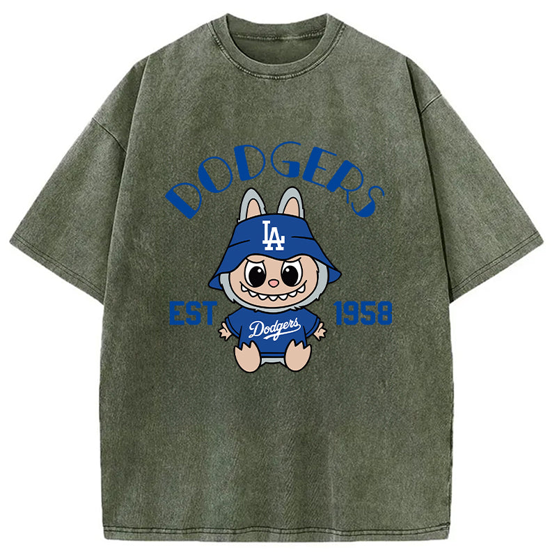 bbb Labubu Dodgers Dream Baseball Vintage Japanese Washed T-Shirt