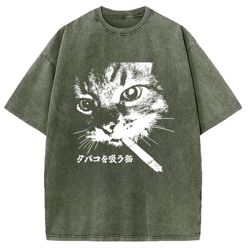 bbb Retro Cat Smoking Washed T-Shirt