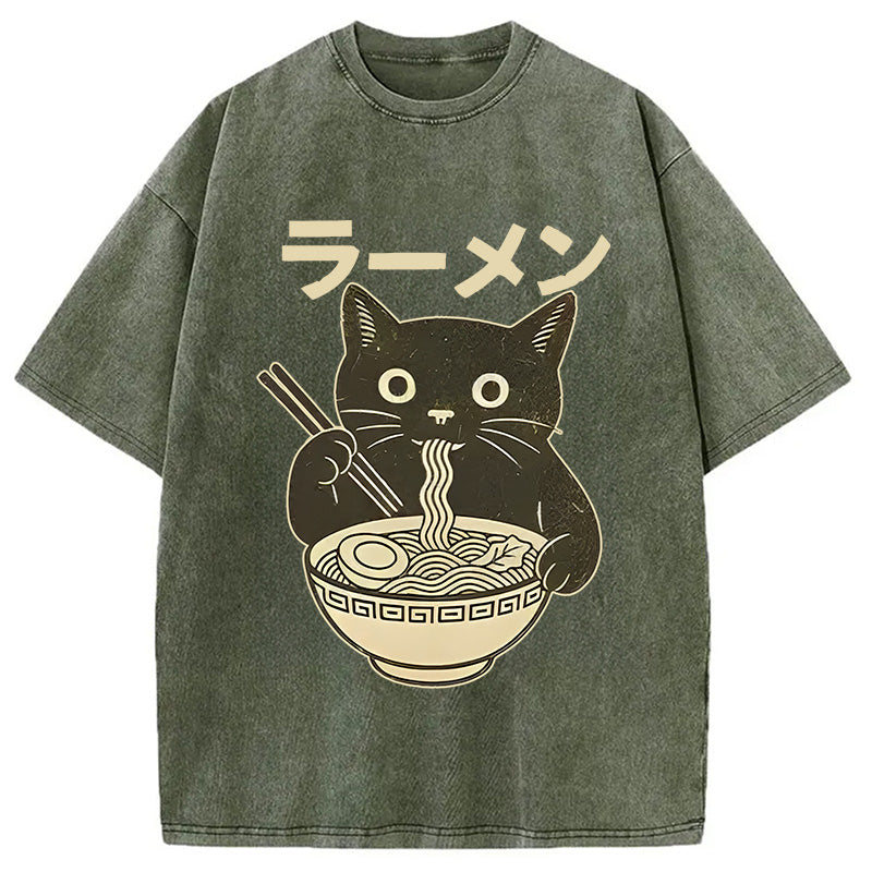 bbb Simple Black Cat Eating Ramen Washed T-Shirt