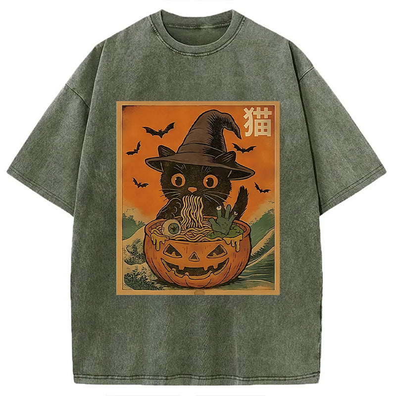 bbb Halloween Cat Eating Ramen Washed T-Shirt