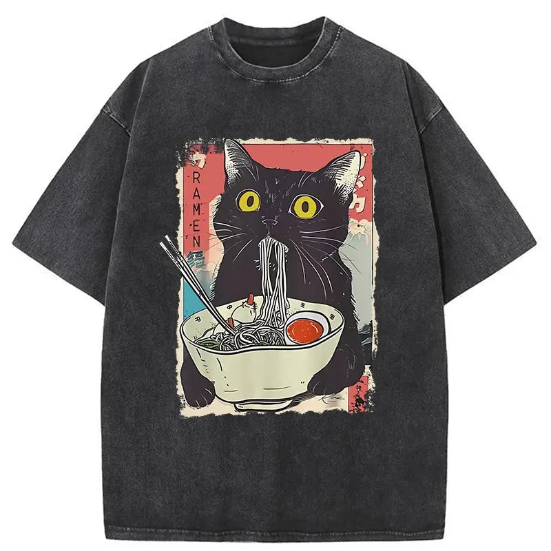 bbb Cute Cat Eating Ramen Washed T-Shirt