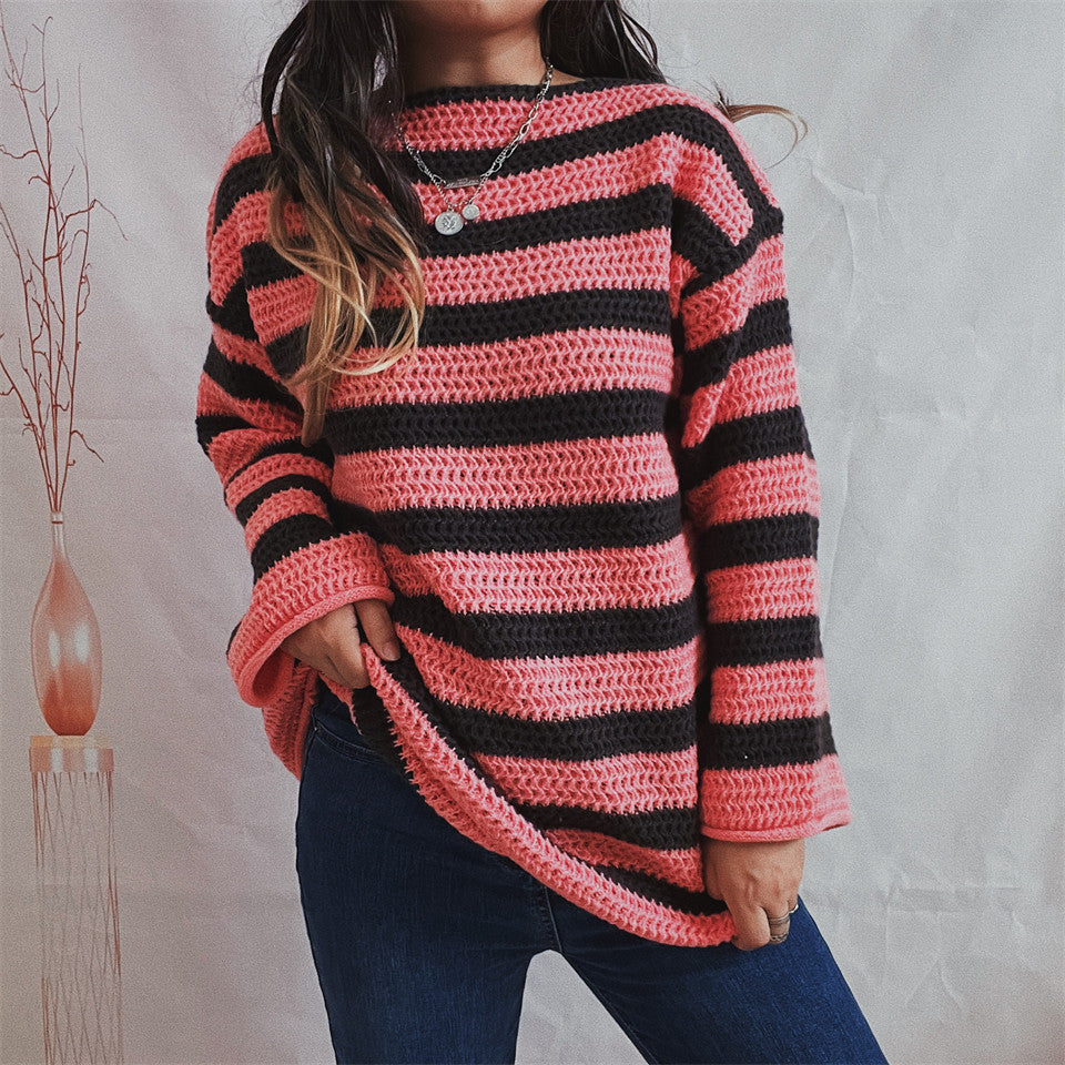Oversized Women Off Shoulder Sweater - Striped Knit Casual