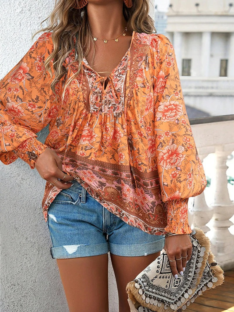 Summer Floral Blouse for Women, Lightweight Cotton Top with Adjustable Fit and Boho Design, Perfect for Casual Outings