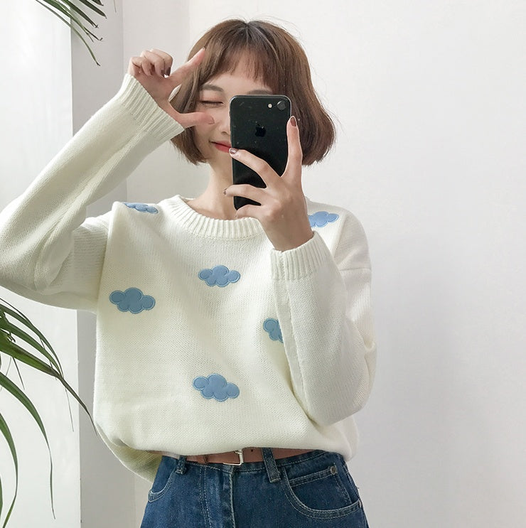 Oversized Cozy Women’s Sweater - Cloud Applique Knit Casual