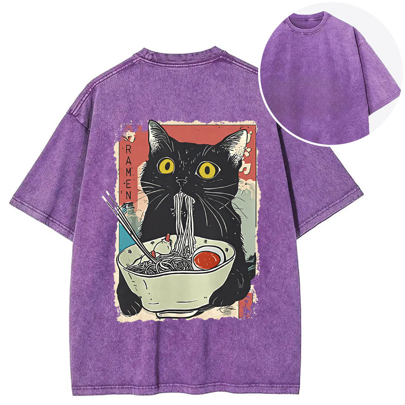 bbb Cute Cat Eating Ramen Back Washed T-Shirt