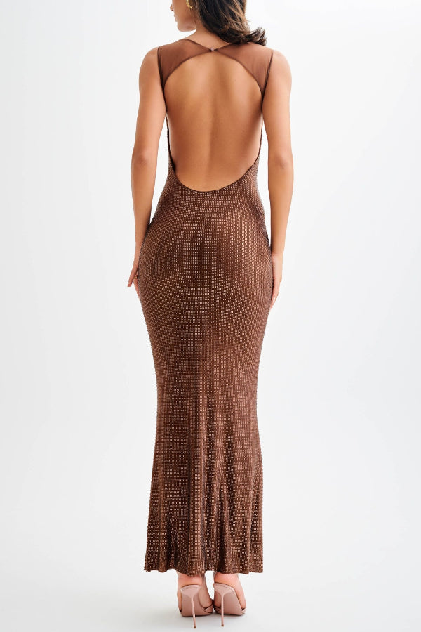 Open Back Sequin Mesh Black Maxi Dress for Women, Ankle-Length Scoop Neck Long Dress with Adjustable Straps