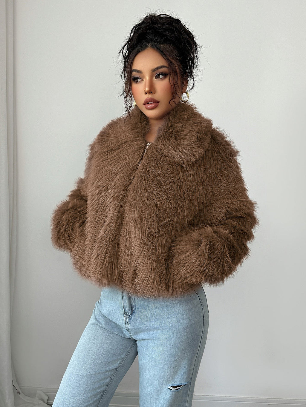 Warm Cozy Women’s Overcoat - Boxy Hip, Faux Fur, Winter