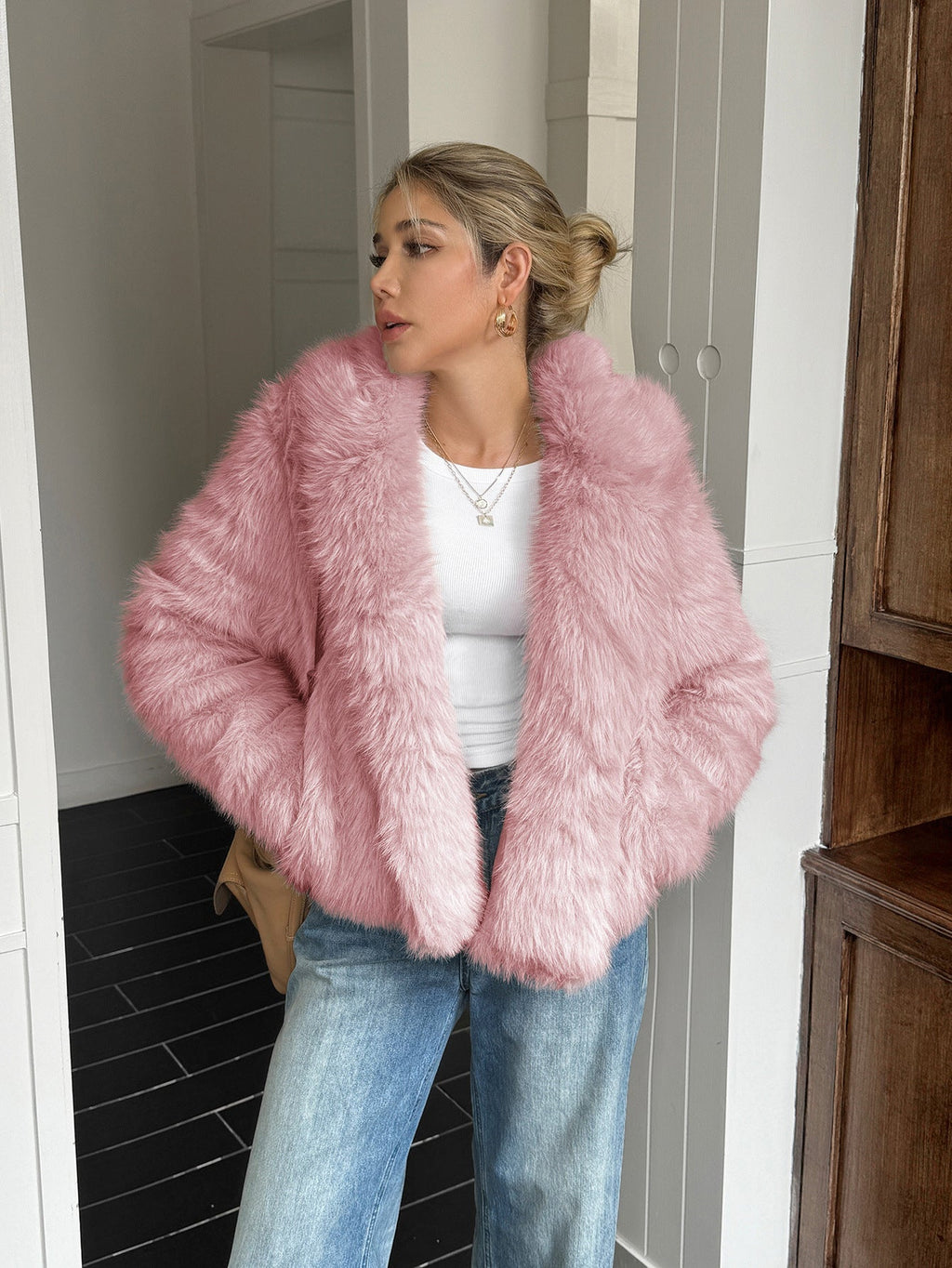 Warm Women's Fleece Coat - Boxy Hip Length, Faux Fur