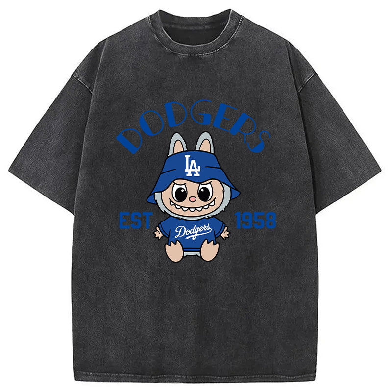 bbb Labubu Dodgers Dream Baseball Vintage Japanese Washed T-Shirt
