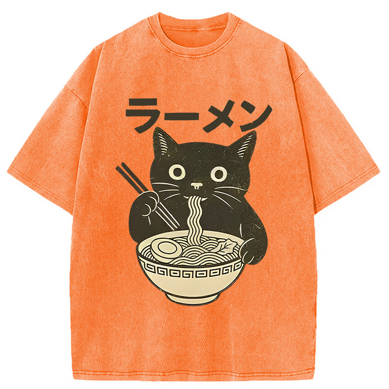 bbb Simple Black Cat Eating Ramen Washed T-Shirt