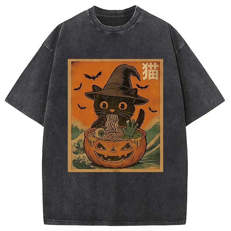 bbb Halloween Cat Eating Ramen Washed T-Shirt