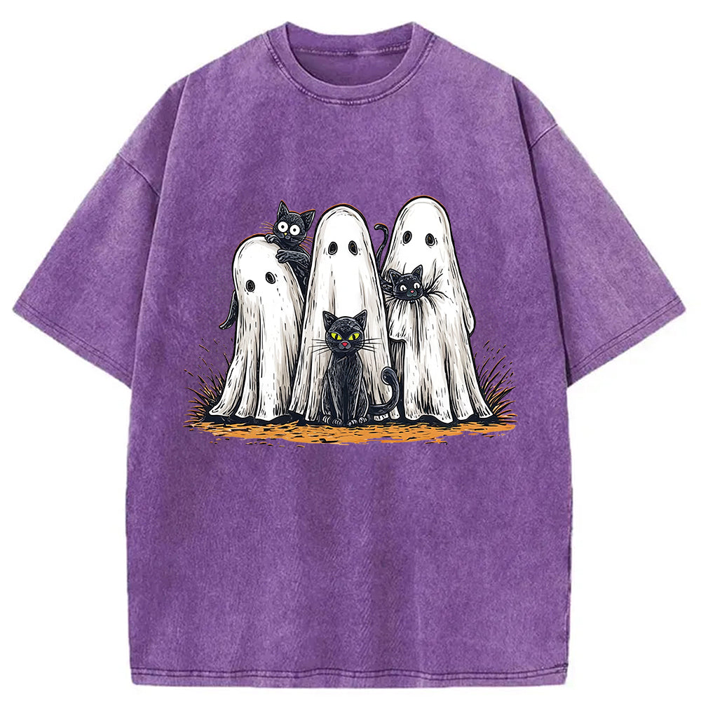 bbb Black Cat Ghost Halloween Washed T-Shirt