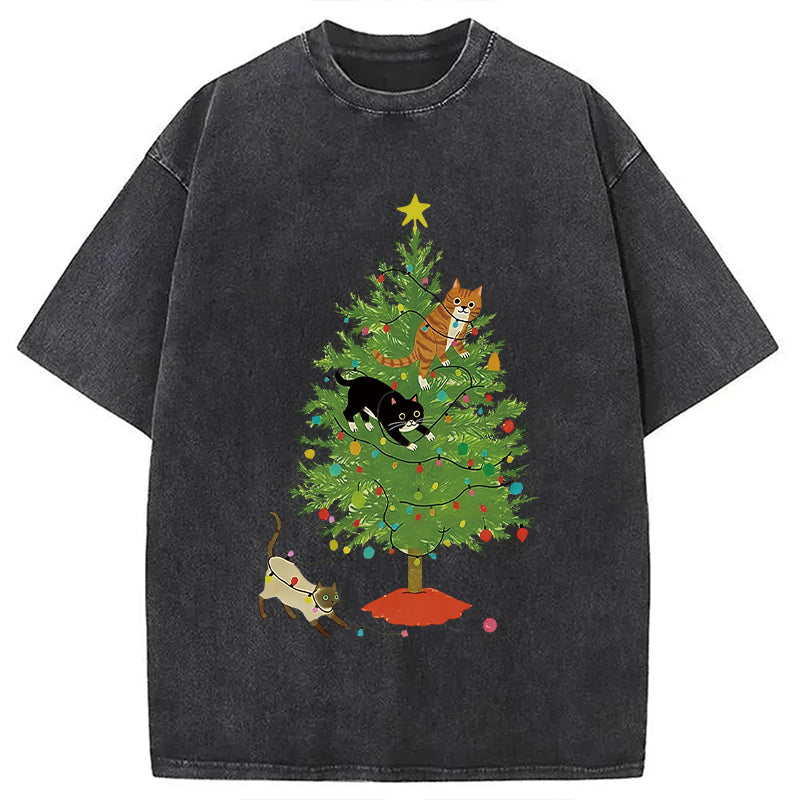 bbb Cats Playing On The Christmas Tree Washed T-Shirt