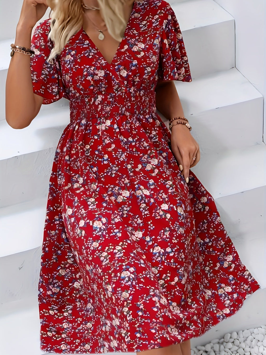 Feminine Boho Summer Dress with V-Neck and Flutter Sleeves, Lightweight Breathable Fabric, Available in Black and Red