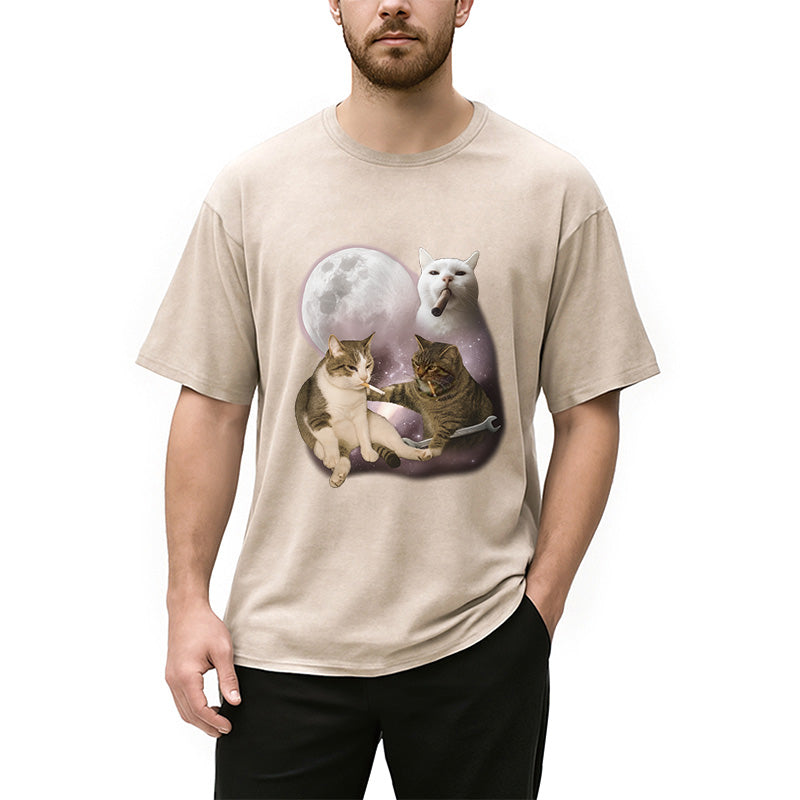 bbb Three Cat Smoking Retro Washed T-Shirt