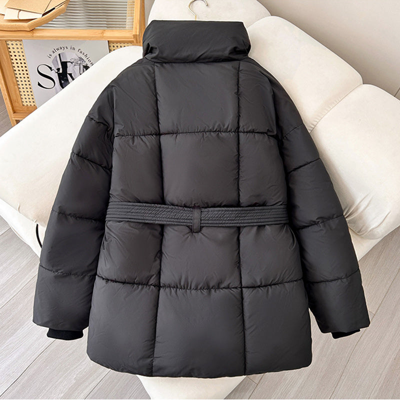 Warm Womens Puffer Coat - Belted Quilted Nylon Midthigh