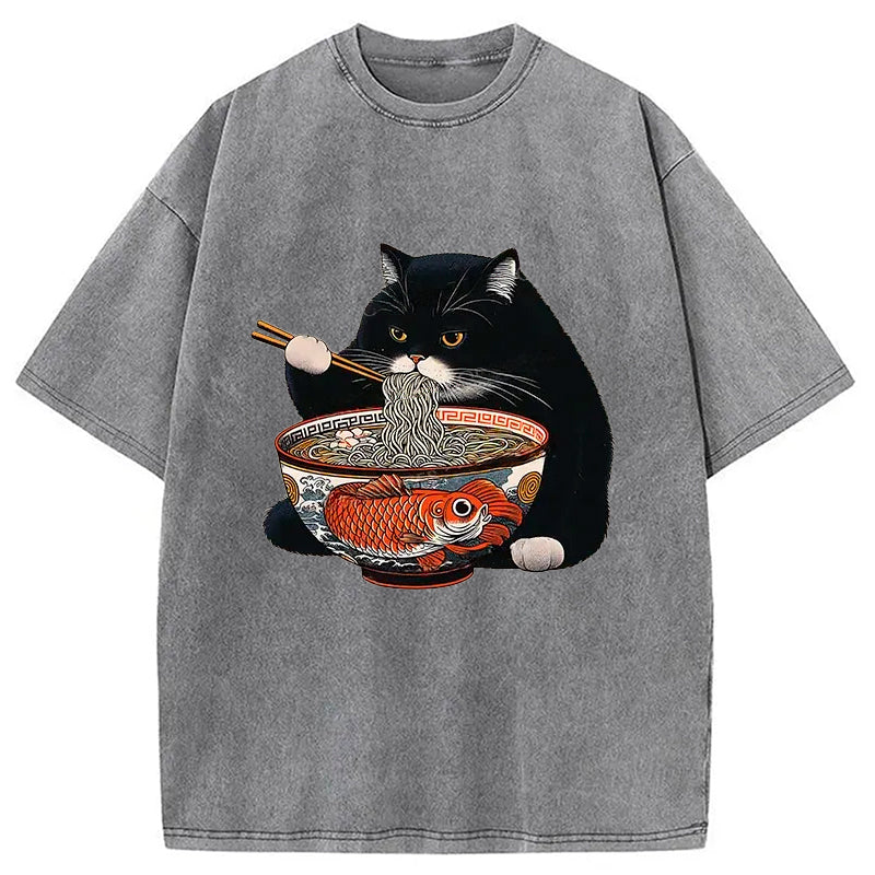bbb Fat Cat Eating Ramen Washed T-Shirt