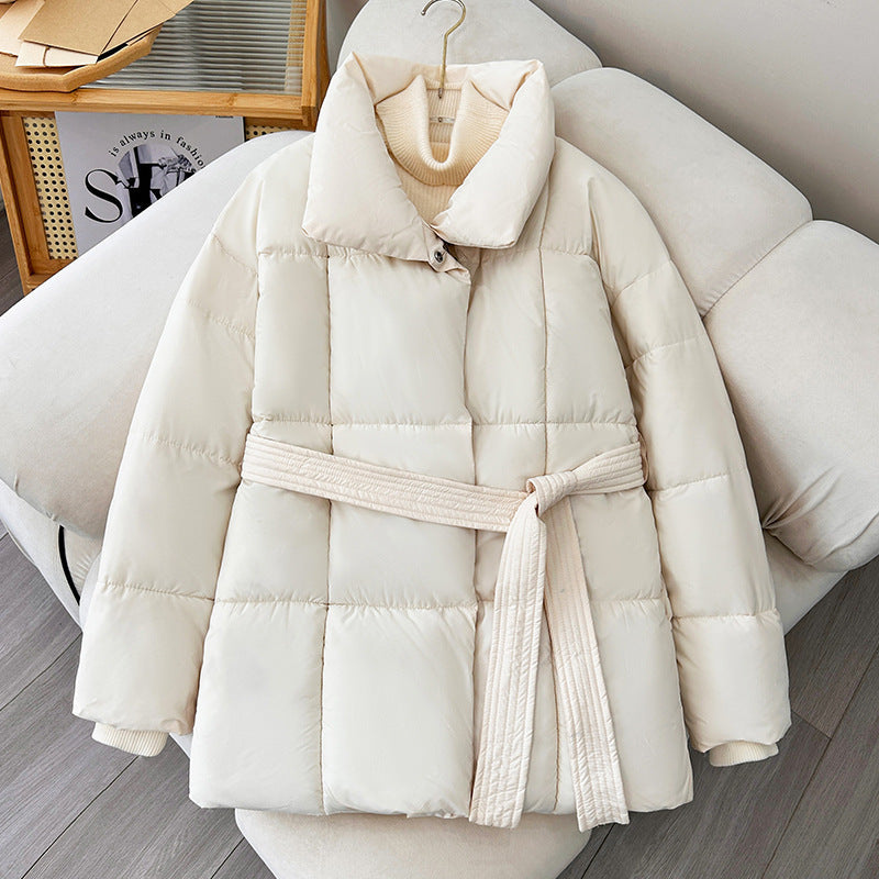 Warm Womens Puffer Coat - Belted Quilted Nylon Midthigh
