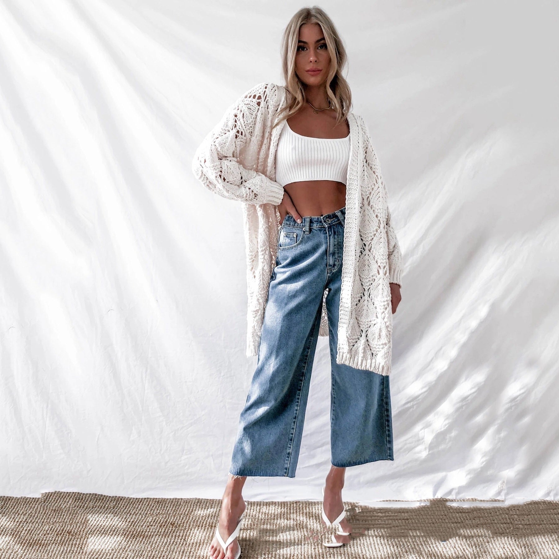 Soft Womens Long Cardigan - Hollow Knit, Chenille, Summer