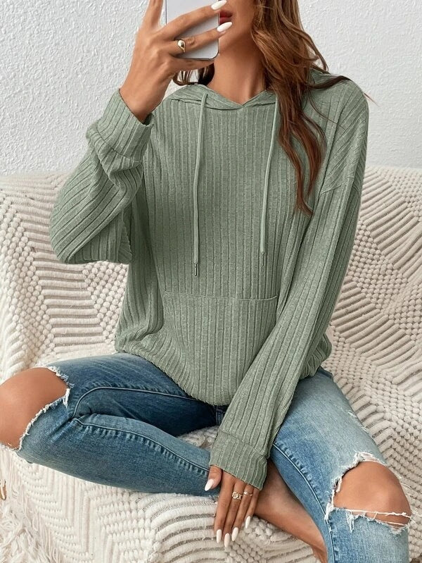 Soft Relaxed Women's Hooded Pullover - Ribbed Knit, Casual
