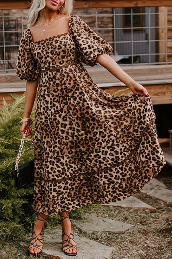 Leopard Print Maxi Dress with Puff Sleeves, Gathered Design, Long Dress for Women, Casual Chic Style
