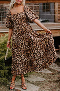 Leopard Print Maxi Dress with Puff Sleeves, Gathered Design, Long Dress for Women, Casual Chic Style