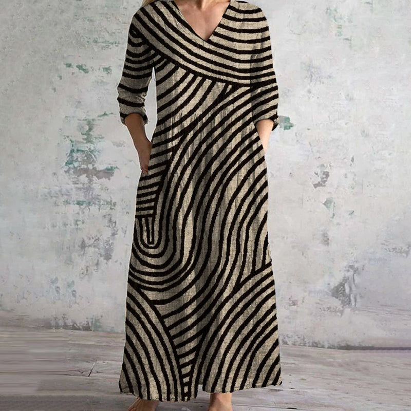 Vintage Stripe Dress with V-Neck, Ankle-Length, Functional Pockets, Lightweight Fabric
