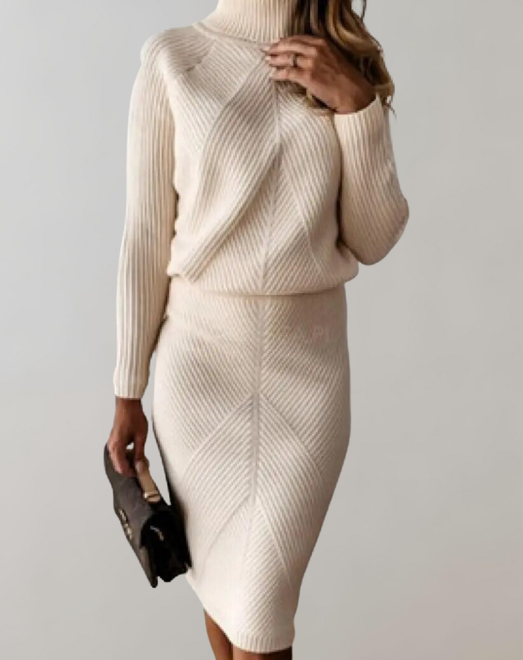 Fitted Minimalist Women Knit Set - Turtleneck Pencil Ribbed