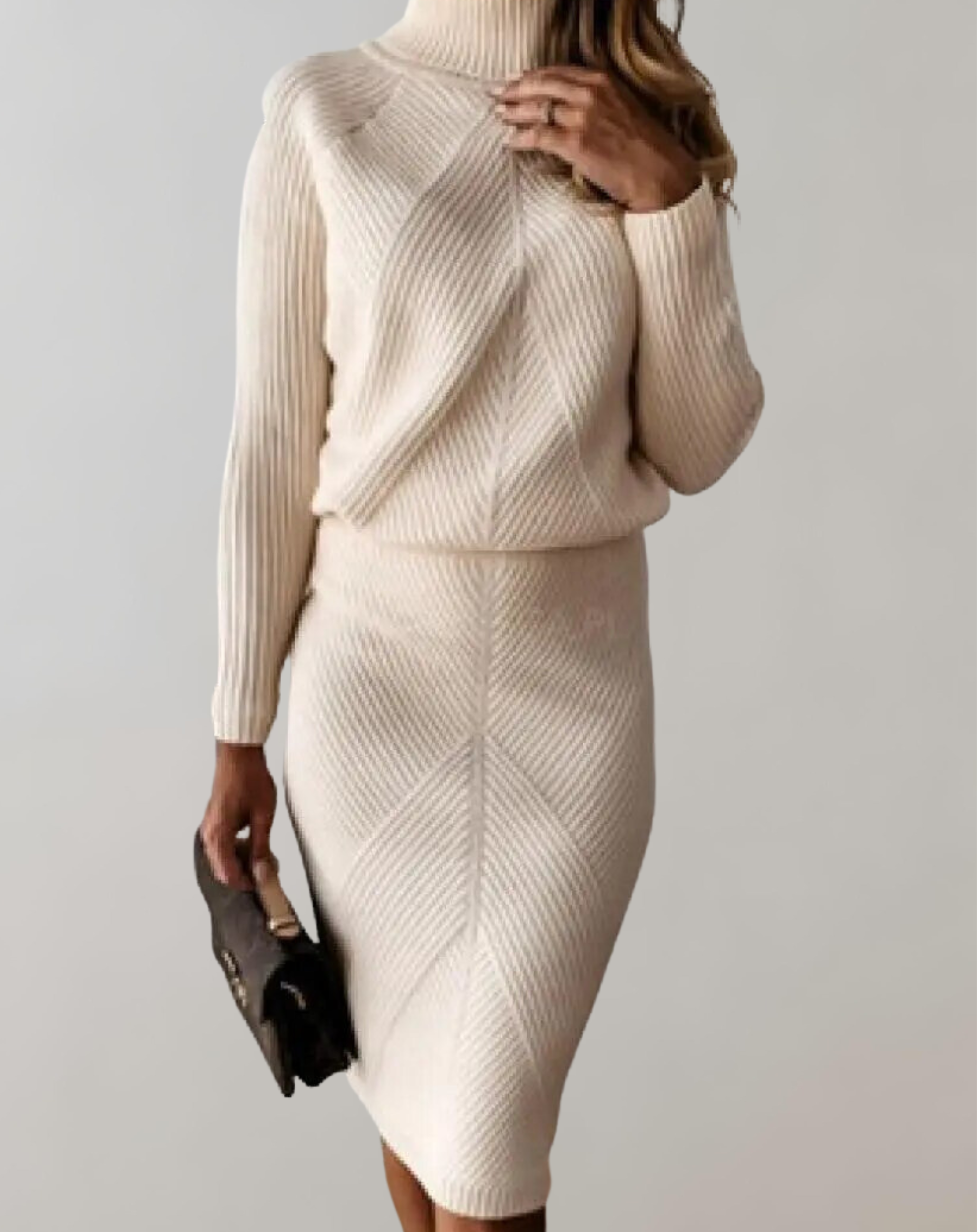 Fitted Minimalist Women Knit Set - Turtleneck Pencil Ribbed