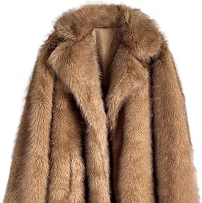 Warm Cozy Women's Long Coat - Notched Lapel, Faux Fur