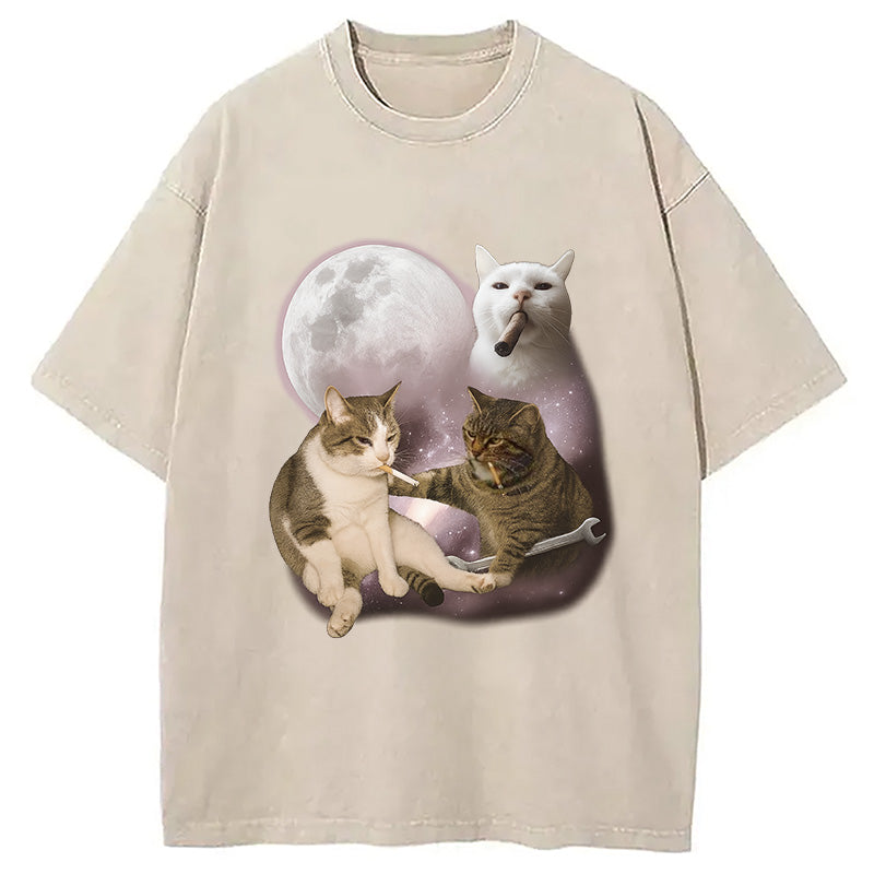 bbb Three Cat Smoking Retro Washed T-Shirt