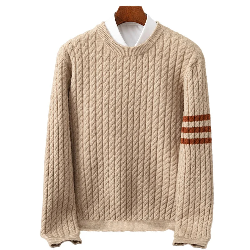 Warm Men's Cable Knit Sweater - Crewneck, Wool Blend, Casual