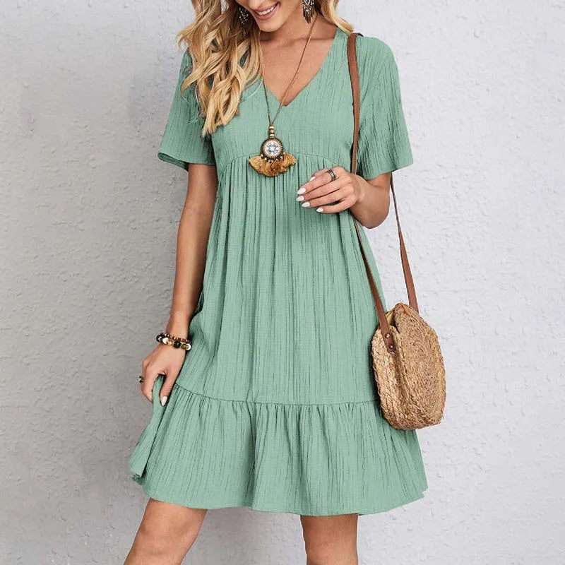 Casual V-Neck A-Line Mini Dress for Women, Short Sleeves, Comfortable Stretch Fabric, Perfect for Summer Events