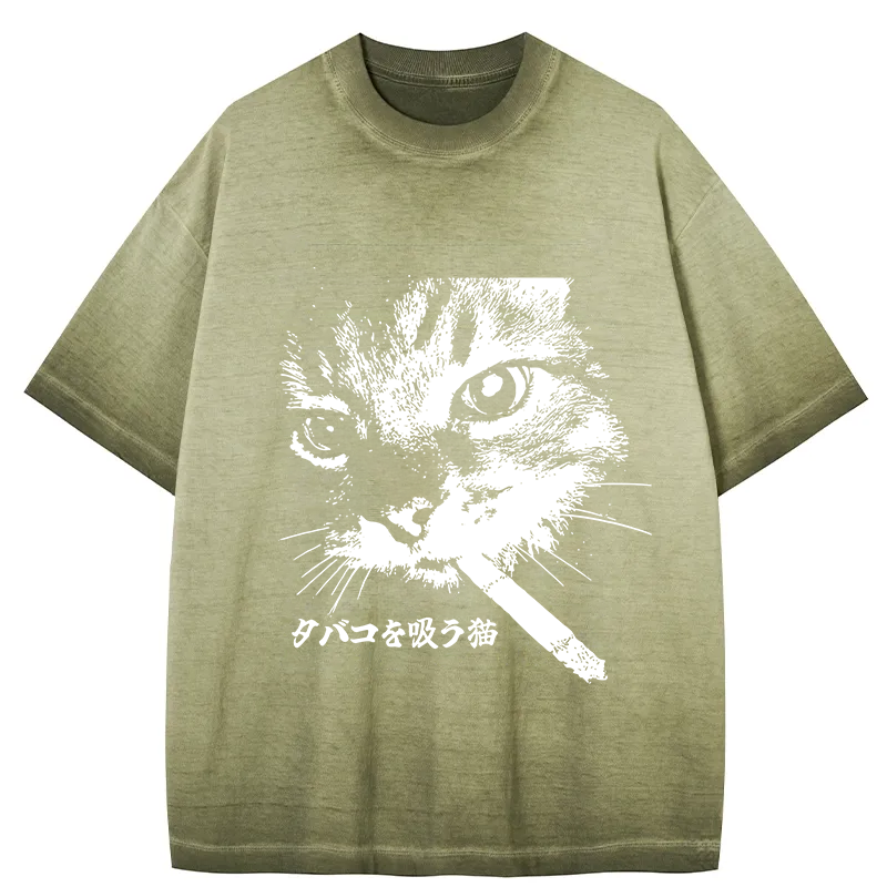 bbb Retro Cat Smoking Gradient Washed T-Shirt