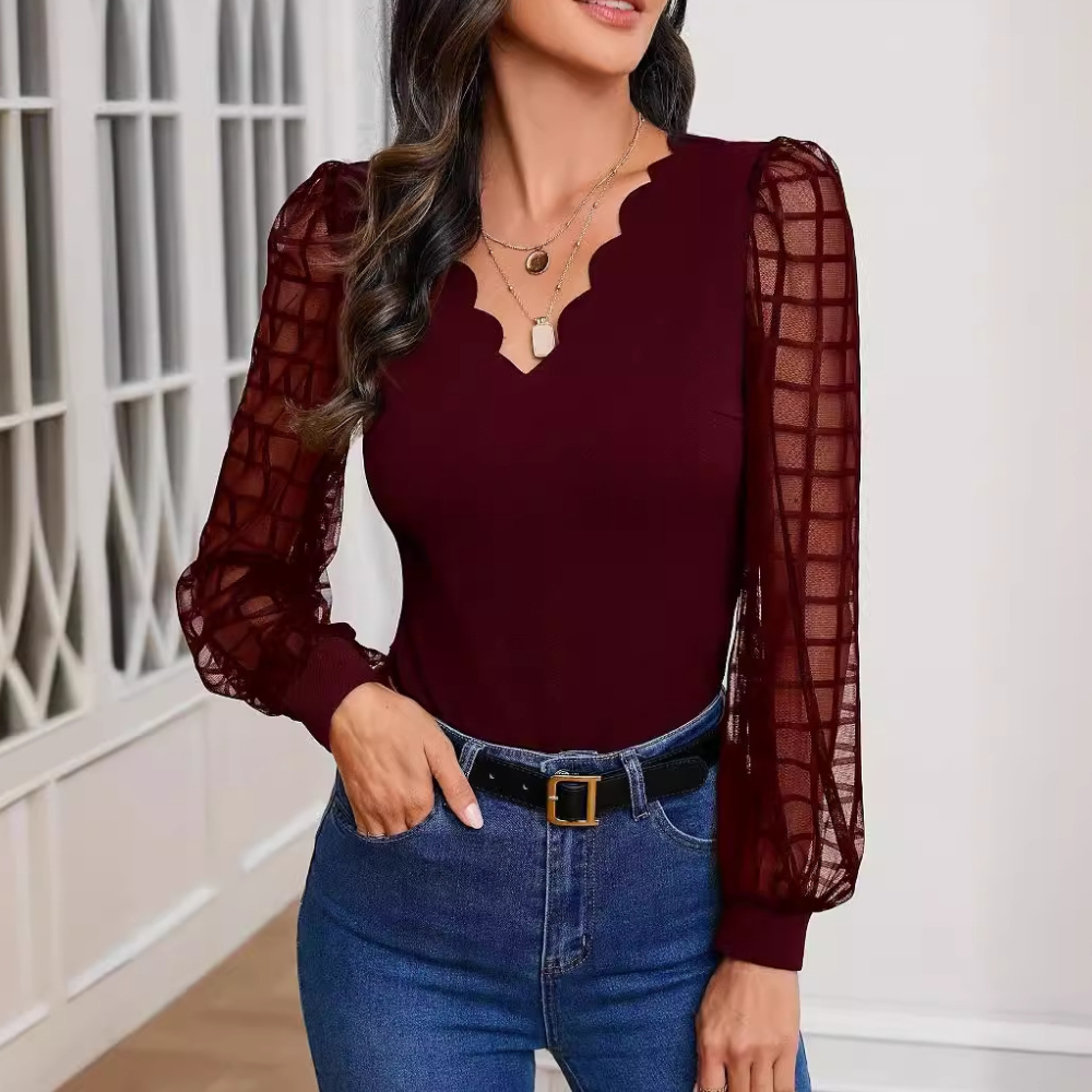 Breathable women's blouse – V-neck scalloped design, high-quality fabric, for casual outings and evening events