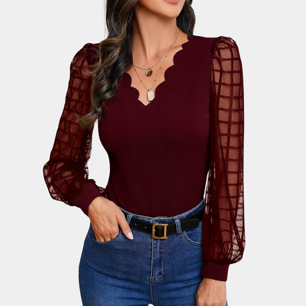 Breathable women's blouse – V-neck scalloped design, high-quality fabric, for casual outings and evening events