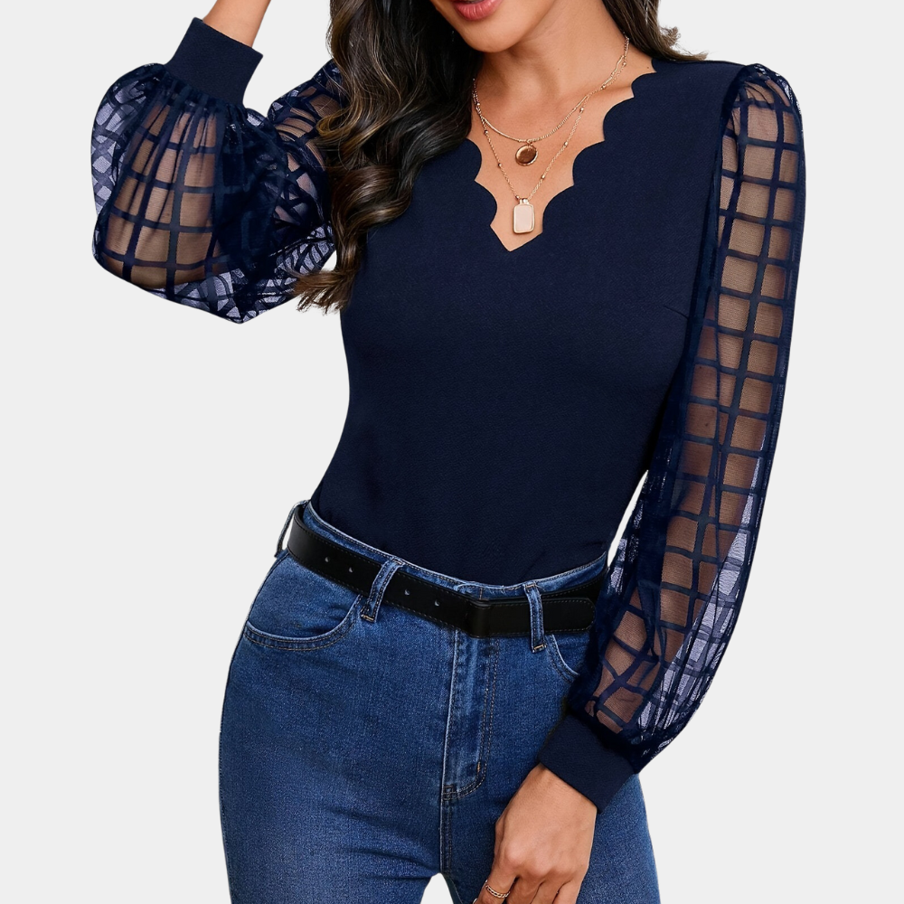 Breathable women's blouse – V-neck scalloped design, high-quality fabric, for casual outings and evening events