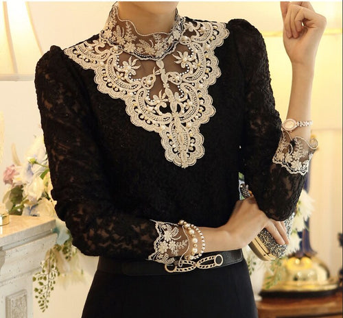 Breathable women's blouse – casual cut with embroidery and lace, for festive occasions