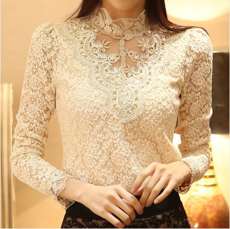 Breathable women's blouse – casual cut with embroidery and lace, for festive occasions