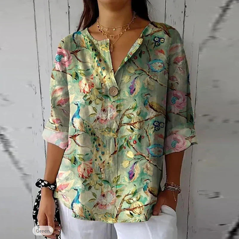 Breathable women's blouse – lightweight floral design, cotton-linen blend, for everyday and office